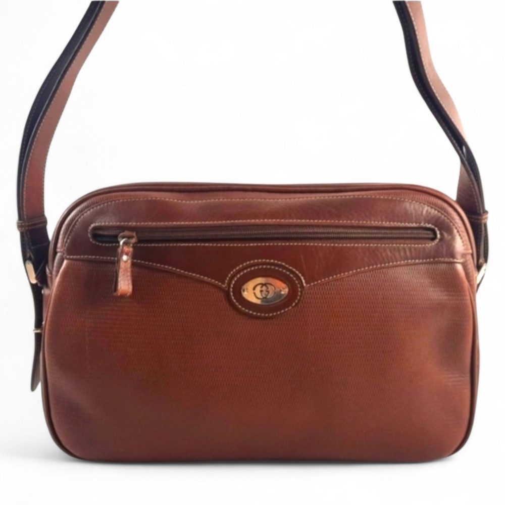 Large 80s GUCCI Leather Camera Bag Crossbody Vintage Double G 1980s GG Boho - Picture 2 of 16